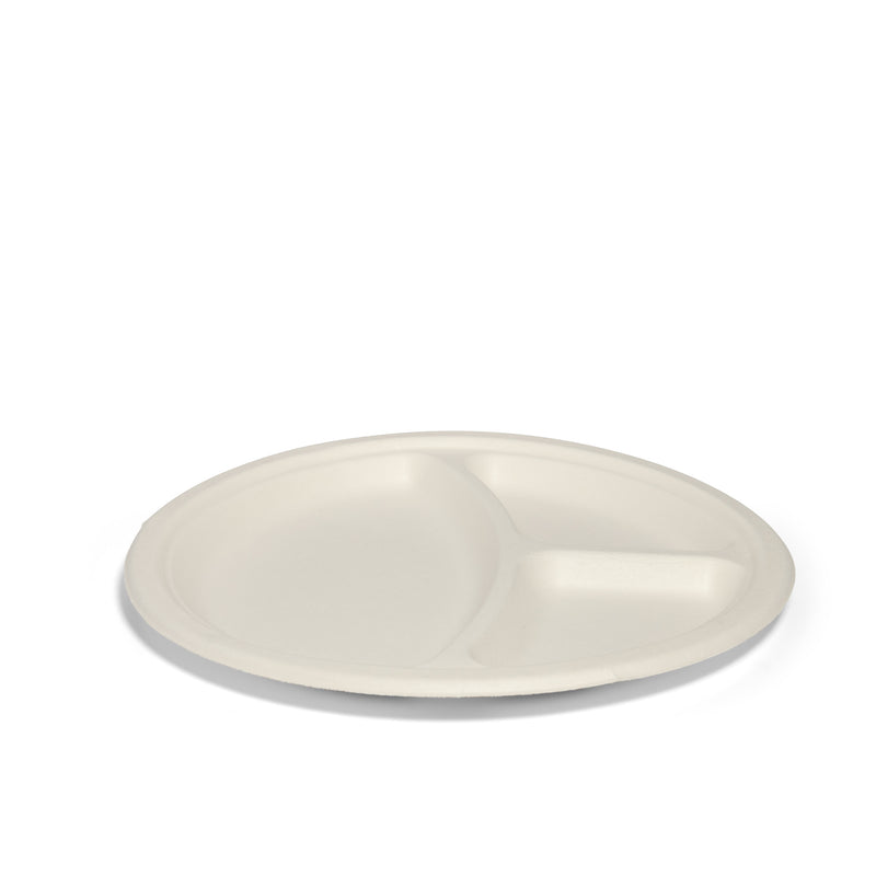 10" Bagasse 3 Compartment Round Plate - 500pk