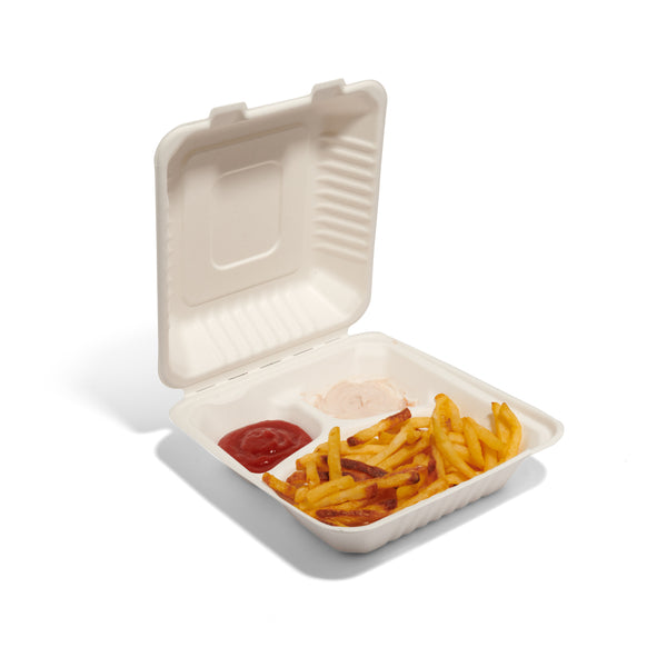 8" 3 Compartment Bagasse Meal Box - 200pk