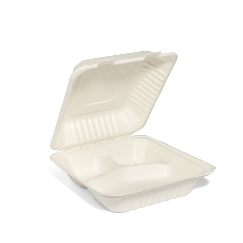 8" 3 Compartment Bagasse Meal Box - 200pk