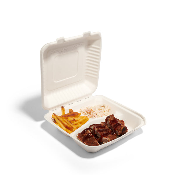 9" 3 Compartment Bagasse Meal Box - 200pk