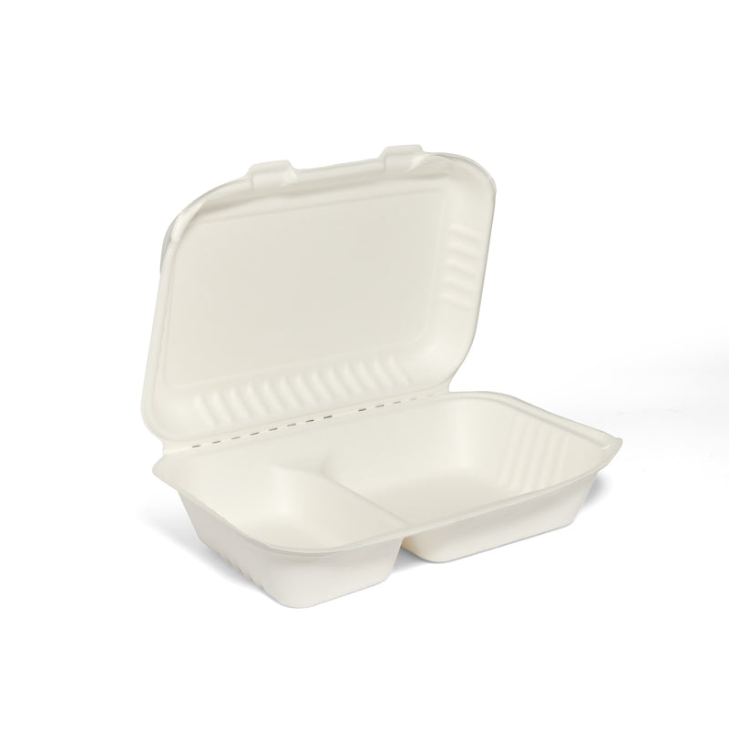 9" x 6" 2 Compartment Bagasse Lunch Box - 250pk